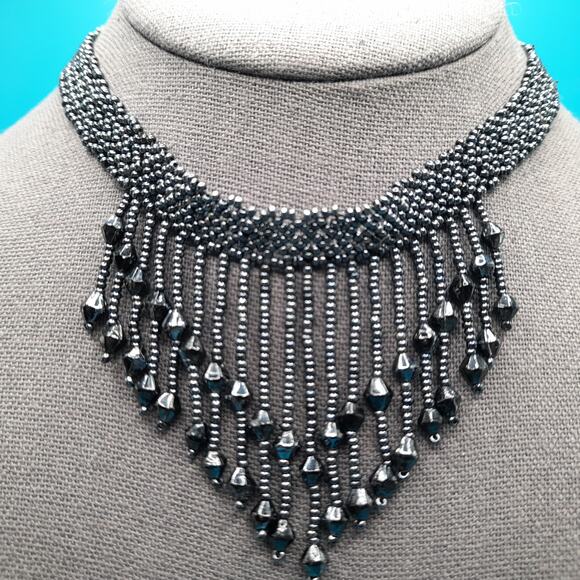 Vintage Hand Woven Seed Bead Fringe Necklace, Metallic Black, 15 1/2" - Picture 2 of 8